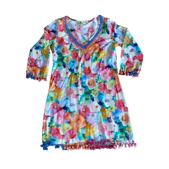 Sundance Long Sleeve Floral Pom Pom V Neck Dress Swim Coverup Medium Cotton - Picture 10 of 12